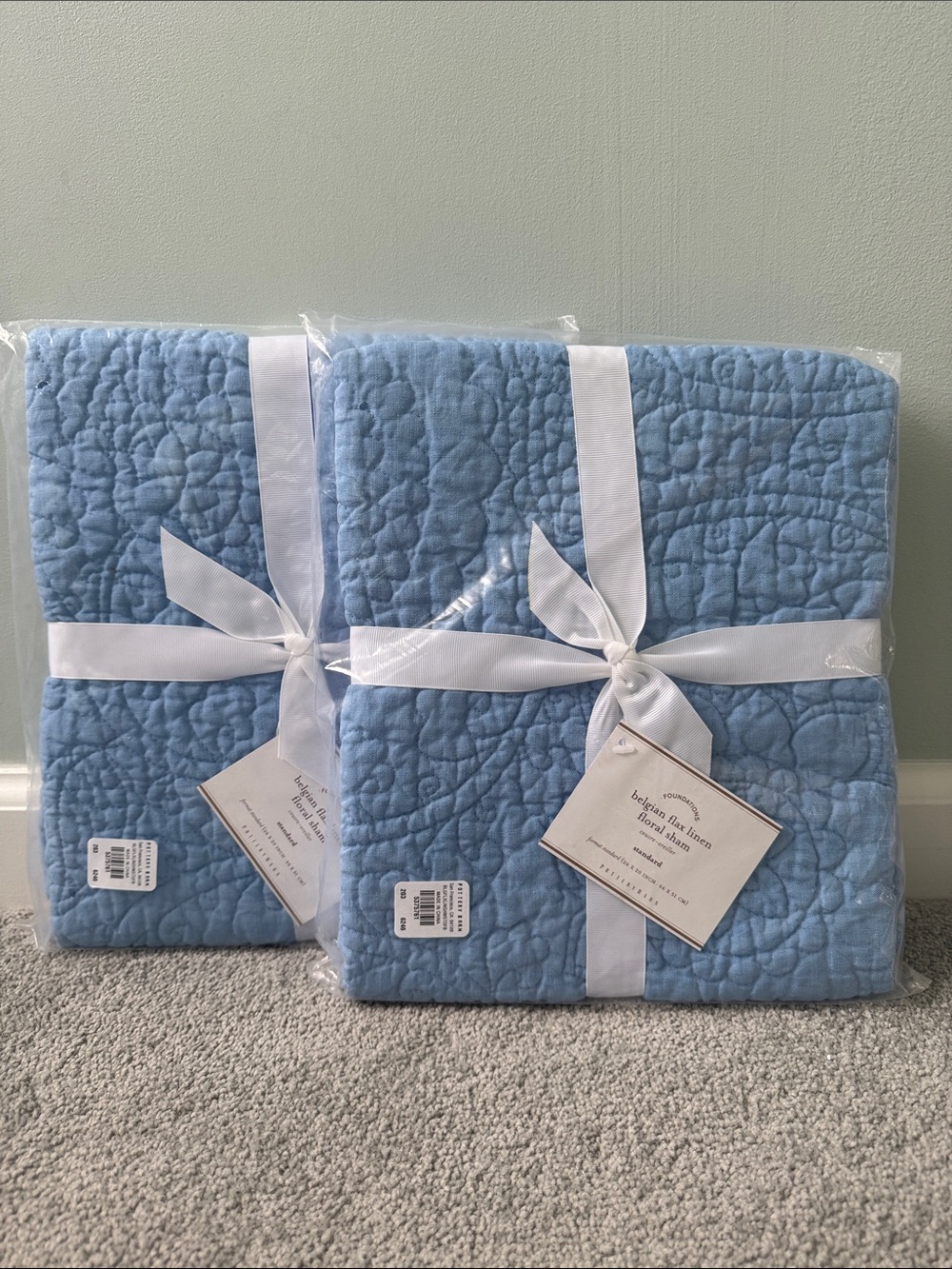 Two Pottery Barn Belgian Flax Linen Floral Standard Shams - Blue! NWT